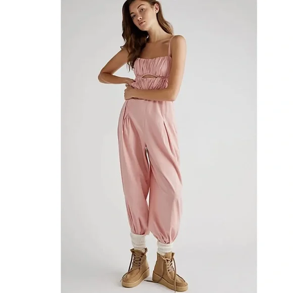 Free People Kingston Pink Cut Out Sleeveless Cozy Barrel Leg Jumpsuit - Picture 1 of 6